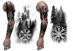 three different types of tattoos with trees and snowflakes on their arm, back and arms