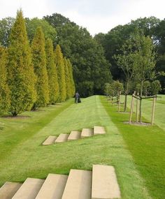 a person walking up some steps in the grass