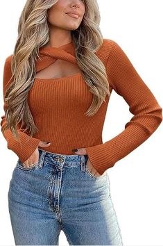 Zeagoo Women's 2023 Pullover Sweaters Long Sleeve Cutout Knit Lightweight Crew Neck Fall Clothes S-XXL #AD Winter Pullover Outfits, Cutout Tops, Winter Sweater Outfits, Fall Sweaters For Women, Plain Sweaters, Cutout Sweater, Winter Knit Sweater, Winter Pullover, Fall Clothes