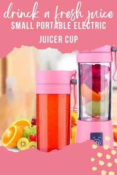 a pink blender sitting on top of a table next to fruits and vegetables with the words drink a fresh juice small portable electric juice cup