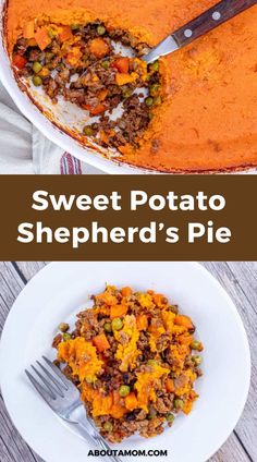 sweet potato shepherd's pie on a white plate with a fork and spoon in it