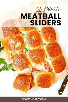 meatball sliders on a cutting board with parsley next to it and the title overlay reads 20 minute meatball sliders