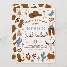 a birthday party with cowboy themed items on the front and back of it, including a card