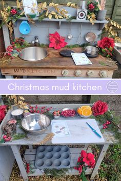 an outdoor kitchen made out of wood and metal with flowers on the top, in front of