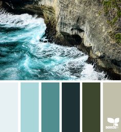 the color scheme is blue, green and gray with waves crashing against the cliff face