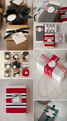 many different types of wrapping paper and gift boxes with ribbons, tags and tags on them