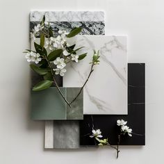 an assortment of marble tiles with flowers on them and leaves in the middle, against a white background