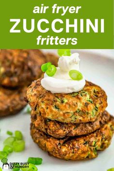 some food is stacked on top of each other with the words air fryer zucchini fritters