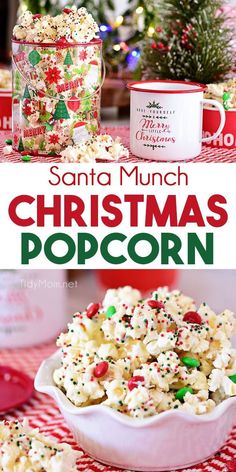 christmas popcorn in a white bowl on top of a red and green tablecloth with the words santa munch christmas popcorn