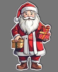 a cartoon santa clause holding presents and looking at the camera while standing in front of a gray background