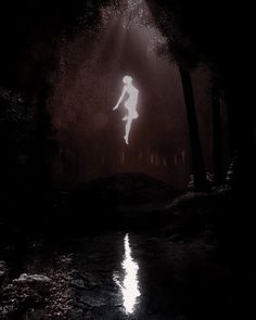 a woman is walking through the woods at night with light shining on her body and head