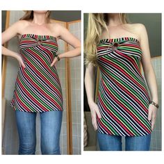 "Late 1990's colorful stripe stretchy tube top. Bodice has a hole cut out in the center. Big amount of stretch in this fabric Women's medium/large Overbust: 32\" laid flat, 38\" stretched Bust: 32\" laid flat, 42\" stretched Waist: 28\" - 34\" Length: 23\"" Tube Tops, Tube Top, Womens Clothing Tops, Vintage Y2k, Strapless Top, Bodice, Cut Out, Stripes, Tops & Tees