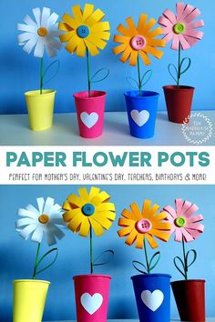 paper flower pots with hearts and flowers in them