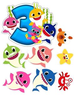 the number three is surrounded by different types of sharks and sea creatures, all in various colors