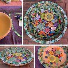 there are pictures of different bowls made out of mosaic tiles