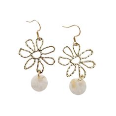 Enhance your ensemble with a delicate floral touch by donning these Maisy Earrings - Cream. Composed of a gold alloy, these earrings feature striking daisy charms crafted from 18K gold-plated hypoallergenic stainless steel, paired with lightweight and durable plant-based acrylic. Perfect for complementing a sundress, these earrings will add a playful and distinctive flair to your look. Metal Flower Charm Earrings For Spring, Pierced Metal Drop Flower Earrings, Trendy Nickel-free Flower-shaped Jewelry, Metal Flower Earrings With Flower Charm, Flower-shaped Metal Earrings For Spring, Metal Flower-shaped Earrings For Spring, Metal Flower Charm Earrings, Spring Gold Jewelry With Flower Charm, Gold Plated Flower Earrings For Pierced Ears