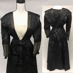 "1900s Edwardian Petite Black Silk Jacquard woven Taffeta Mourning Dress AS IS - FOR STUDY, Museum Deaccession Cannot be worn - Dress is a jacquard woven Black Silk Taffeta - A folded piece of Beige Crepe de Chine fabric has been tacked into front (not original) - Sleeves and edges are solid black silk satin - Sleeve cuffs are trimmed in black Silk crinkle chiffon, lined with beige birds eye netting - Bodice is lined in a heavy cotton chintz, which has stays and hook/eye closures in front - Deep Elegant Victorian Brocade Dress With Historical Design, Fitted Brocade Victorian Dress, Elegant Victorian Brocade Dress For Costume, Black Victorian Dress With Fitted Bodice For Evening, Elegant Brocade Victorian Dress For Costume, Black Brocade Dress For Formal Occasions, Vintage Brocade Victorian Dress For Costume, Vintage Brocade Victorian Dress For Wedding, Victorian Evening Dress With Historical Design