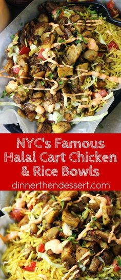 two trays filled with food and the words nyc famous hali car chicken and rice bowls