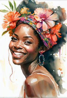 a watercolor painting of a smiling woman with flowers in her hair, wearing a head scarf