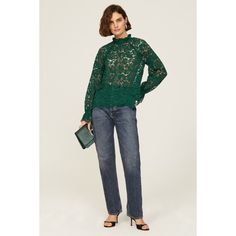 Green lace (68% Nylon, 32% Cotton). Top. Long sleeves. Mock neck. Back button closure. 25" from shoulder to hemline. Imported. Hill House Home, Lacy Tops, Leather Joggers, Jaclyn Smith, Hill House, Rent The Runway, House On A Hill, Closet Designs, Green Lace