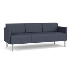 a blue couch with metal legs on an isolated white background