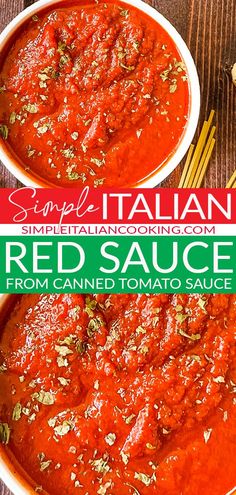 two bowls filled with red sauce on top of a wooden table