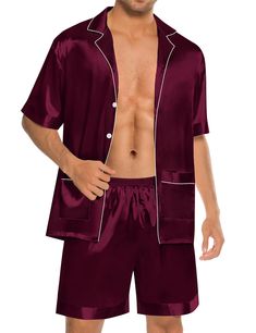 PRICES MAY VARY. SATIN PAJAMA WITH A SILKY FEEL: The mens pajamas set is made of super soft and comfy satin fabric. Lightweight polyester and silky feel care for people's health, bring comfy night sleep for you. CLASSIC BUTTON DOWN DESIGN: Two-piece men silk satin pajama set features unique sleepwear style. Contrast piping, two front pockets, notch collar, short sleeve pjs top, casual shorts, timeless style which makes you cool and exquisite. ENJOY A COZY NIGHT: These men's satin sleepwear set a Loungewear Set Shorts, Mens Silk Pajamas, Comfy Sleepwear, Satin Pajamas Set, Silky Pajamas, Satin Pajama Set, Satin Sleepwear, Satin Pajama, Mens Pajamas Set