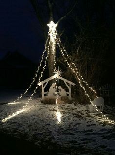 a nativity scene is lit up in the yard at night with lights on it