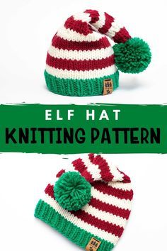 two knitted hats with the words elf hat knitting pattern on top and below it