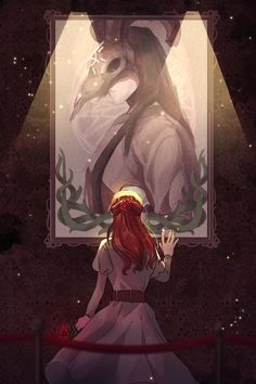 a woman standing in front of a mirror next to a dragon