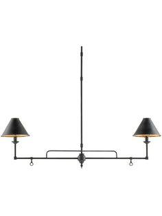 three light chandelier with black shades on the bottom and two lamps above it