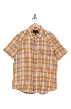 Glossy buttons underscore the Western-inspired charm of this short-sleeve snap-front shirt. Front button closure Point collar Short sleeves Chest snap-flap patch pockets 58% cotton, 42% EcoVero rayon Machine wash, tumble dry Imported Classic Short Sleeve Button-up Shirt With Snap Buttons, Brown Short Sleeve Workwear Shirt, Brown Short Sleeve Shirt With Placket, Fall Short Sleeve Shirt With Button Closure, Fall Short Sleeve Top With Placket, Casual Brown Short Sleeve Shirt With Buttons, Brown Button-up Camp Shirt, Fall Cotton Short Sleeve Camp Shirt, Classic Short Sleeve Shirt For Fall