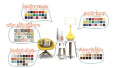 an assortment of furniture and decor items with the words, color swatches, and text bubbles above them