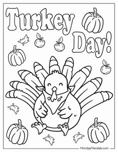 a turkey on thanksgiving coloring page with pumpkins