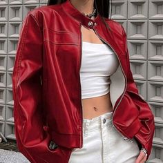 Red Zip-Up Pu Leather Jacket Coating: 100% Polyurethane Material: Pu Leather Composition: 100% Polyurethane Green Velvet Blazer, Brown Puffer Jacket, Leather Sleeve Jacket, Lizzie Hearts, Winter Puffer Jackets, Shein Icon, Pu Leather Jacket, Sweater Vest Women, Leather Sleeve