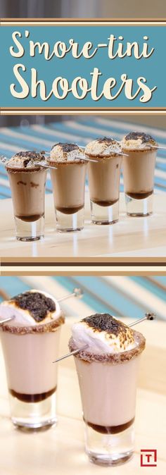 there are four shots in the shot glass with ice cream and chocolate toppings on top