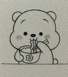 a drawing of a teddy bear eating noodles