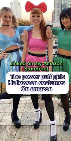 three girls dressed up in costumes with the caption linked on my amazon storefront