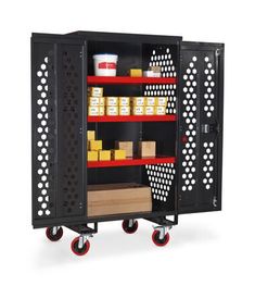 an open storage cabinet with wheels and shelves