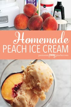 homemade peach ice cream with fresh peaches in the background