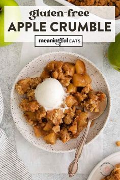 an apple crumble is served in a bowl with ice cream