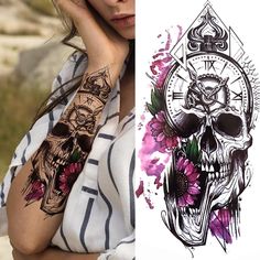 a woman with tattoos on her arm next to an image of a skull and flowers