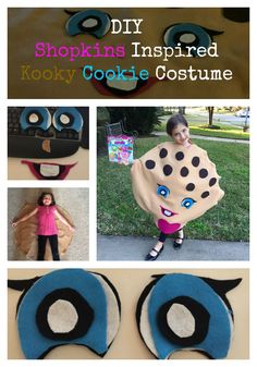 collage of photos with text that reads diy shopkins inspired kooky cookie costume