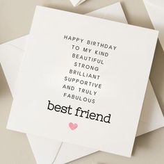 a birthday card with the words best friend written in black on it, surrounded by white envelopes