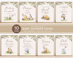 baby shower signs with winnie the pooh and piggy on them, set of 10