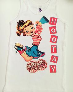 Original Hooray cheer gal by vintage Lucy's! We printed a vintage image on the front and skirted it in a fun and whimsical fabric. Our inks are pigmented directly to the garment so no cracking or peeling will occur and yes they can be tossed in the washer and dryer machine. 100% cotton All items are professionally sewn and surged and will arrive with sew in labels. Vintage Lucy's can be found in fine boutiques worldwide! Copyright © 2002-2018 Vintage Lucy's. All Rights Reserved. Lucy 2014 Poster, Whimsical Fabric, Image Vintage, Dryer Machine, Images Vintage, Sew In, Girl Top, Washer And Dryer, Sew-in Labels