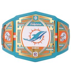 the miami dolphins nfl super bowl logo on an orange and blue ring with gold accents