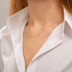 "D E S C R I P T I O N Script Name Necklace * Material: High Quality Solid 925 Sterling Silver * Dimensions: Depending on your font choice, height sizes range from 30 mm to 40 mm lowercase. * Finish: Sterling Silver ∙ 18K Gold ∙ Rose Gold ∙ * All our jewelry is custom made by hand with Love and Care in our workshop * The length option is the TOTAL chain length . If you order an 40 CM plus a 3cm extesnsion\" 1\" extension * All items are nicely packaged ready to gift in elegant jewelry boxes. * I Elegant Handmade Nameplate Jewelry, Handmade Elegant Nameplate Necklace, Elegant Handmade Nameplate Necklace, Elegant Customized Necklaces For Everyday, Custom Sterling Silver Elegant Necklace, Elegant Sterling Silver Custom Necklace, Elegant Custom Sterling Silver Necklace, Elegant Handmade Pendant Name Necklace, Elegant Sterling Silver Hallmarked Name Necklace