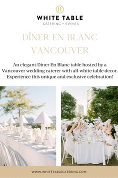 an elegant dinner table with white linens is featured in the white table event ad