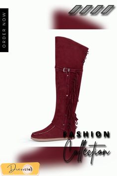 Winter Women Faux Suede Tassel Boots Fashion Ethnic Fringe Boho Long Boots Flat Heel Knee High Boots Festival Boots With Tassels And Round Toe, Red Bohemian Boots For Fall, Bohemian Boots With Tassels And Round Toe, Bohemian Fall Boots With Flat Heel, Bohemian Boots With Flat Heel For Festival, Western Boots With Tassels For Festival, Western Festival Boots With Tassels, Bohemian Fringe Boots With Round Toe, Bohemian Style Fringe Boots With Round Toe